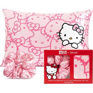 Kitsch Hello Kitty Satin Pillowcase, Softer Than Silk for Hair & Skin, Machine Washable, Wrinkle-Free, Standard Size, and Satin Scrunchies No Damage Hair Ties Pink Kitty Faces, 2 Piece Set(Pink Kitty Faces)
