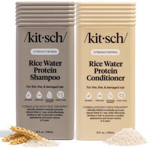 Kitsch Strengthening Rice Water Protein Shampoo & Conditioner Set – Hair Growth & Volumizing Hair Care for Thin, Fine & Damaged Hair – Paraben, Phthalates & Silicone Free – Made in USA – 12 oz