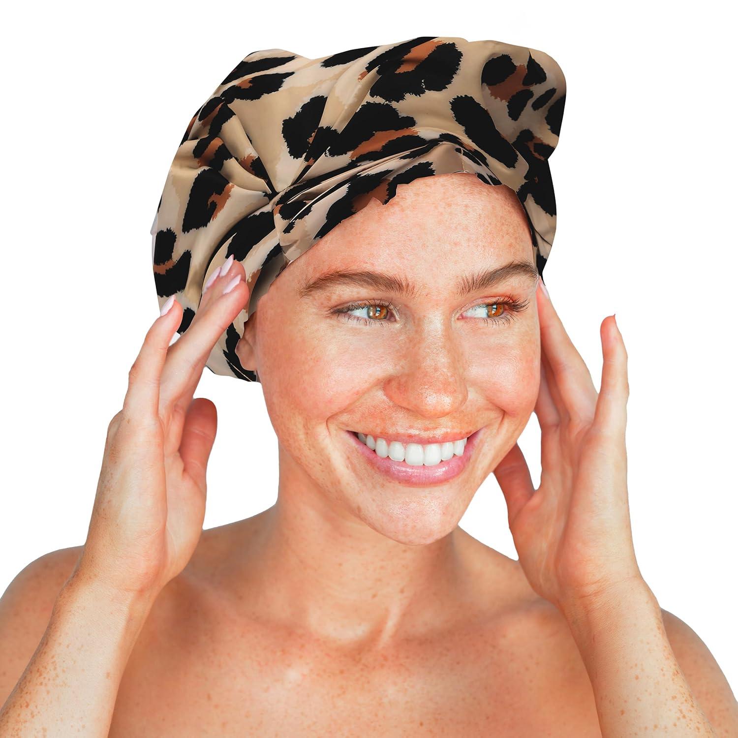 imageBridgerton x Kitsch SatinLined Flexi Shower Caps for Women Reusable Waterproof Large Wide Shower Cap for Women amp Men Adjustable Stylish Hair Cap for Showers For Long amp Short Hair WisteriaLeopard