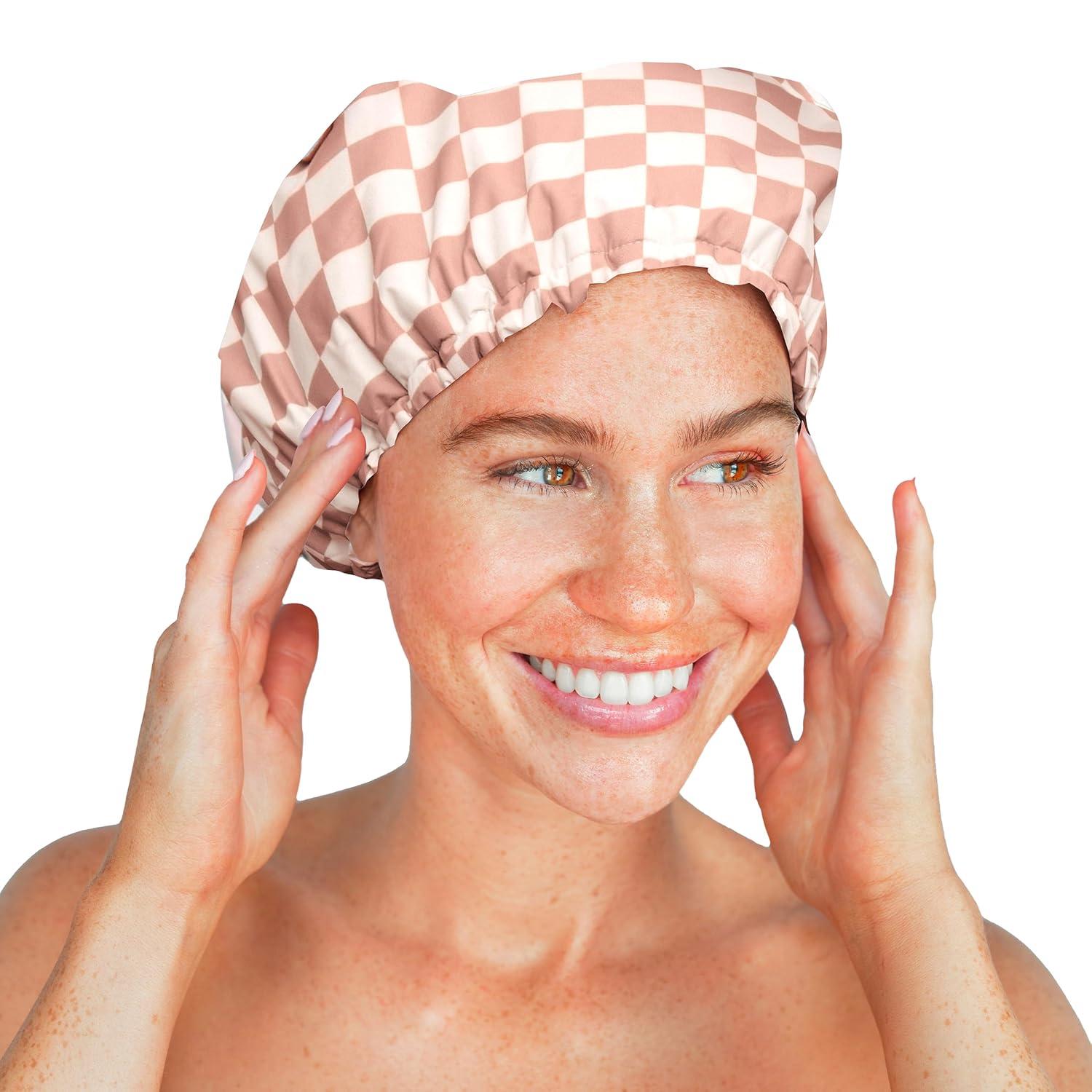 imageBridgerton x Kitsch SatinLined Flexi Shower Caps for Women Reusable Waterproof Large Wide Shower Cap for Women amp Men Adjustable Stylish Hair Cap for Showers For Long amp Short Hair WisteriaTerracotta Checker