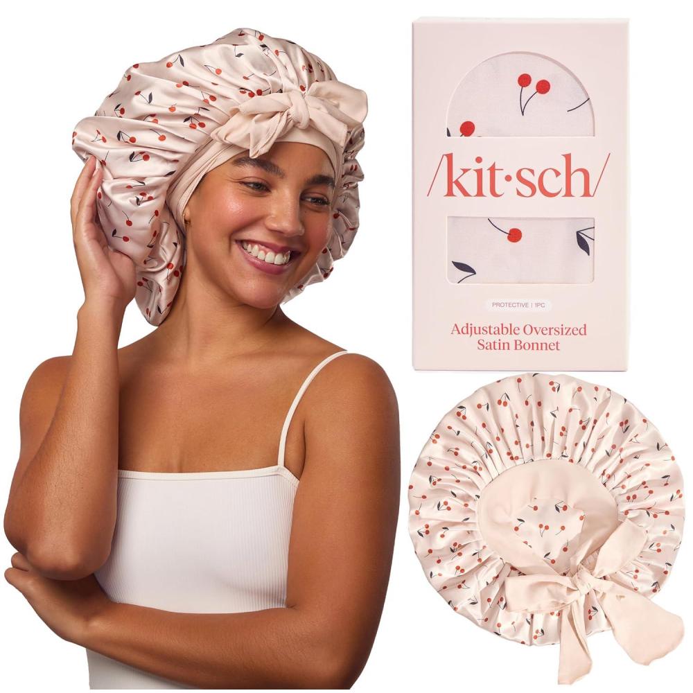 imageKitsch x Bridgerton Satin Bonnet for Sleeping Softer Than Silk Bonnet For Sleeping Women Secure Fit Adjustable Night Cap For Curly amp Textured Hair Prevents Breakage amp Tangles Garden ToileCherry Print