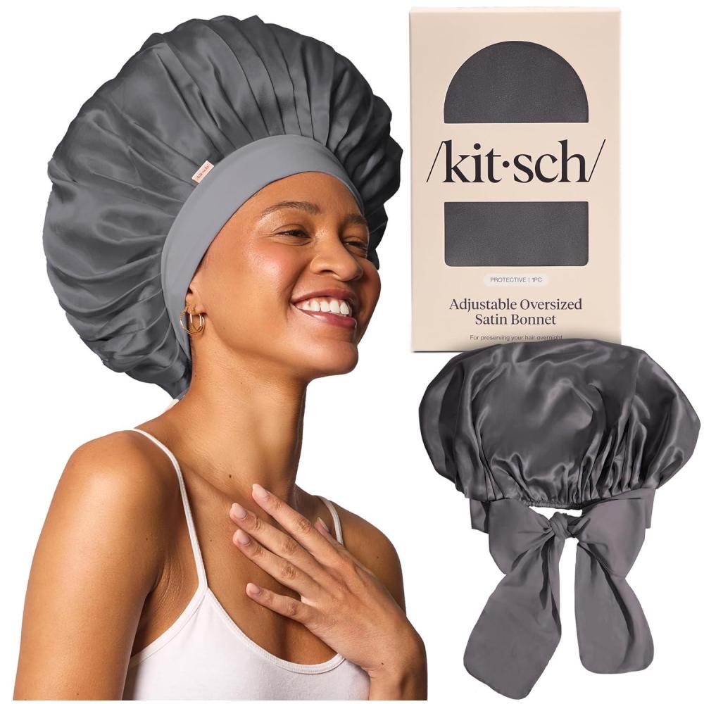 imageKitsch x Bridgerton Satin Bonnet for Sleeping Softer Than Silk Bonnet For Sleeping Women Secure Fit Adjustable Night Cap For Curly amp Textured Hair Prevents Breakage amp Tangles Garden ToileCharcoal