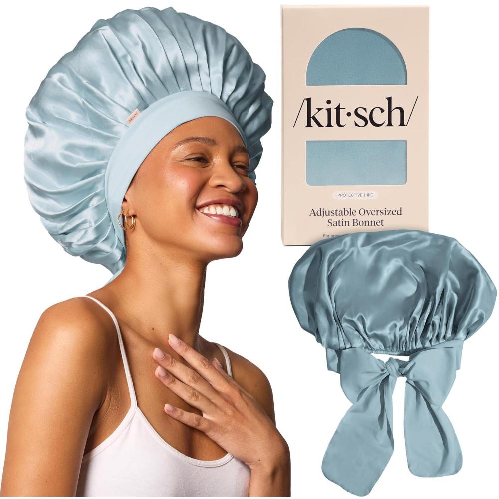imageKitsch x Bridgerton Satin Bonnet for Sleeping Softer Than Silk Bonnet For Sleeping Women Secure Fit Adjustable Night Cap For Curly amp Textured Hair Prevents Breakage amp Tangles Garden ToileHaze Blue