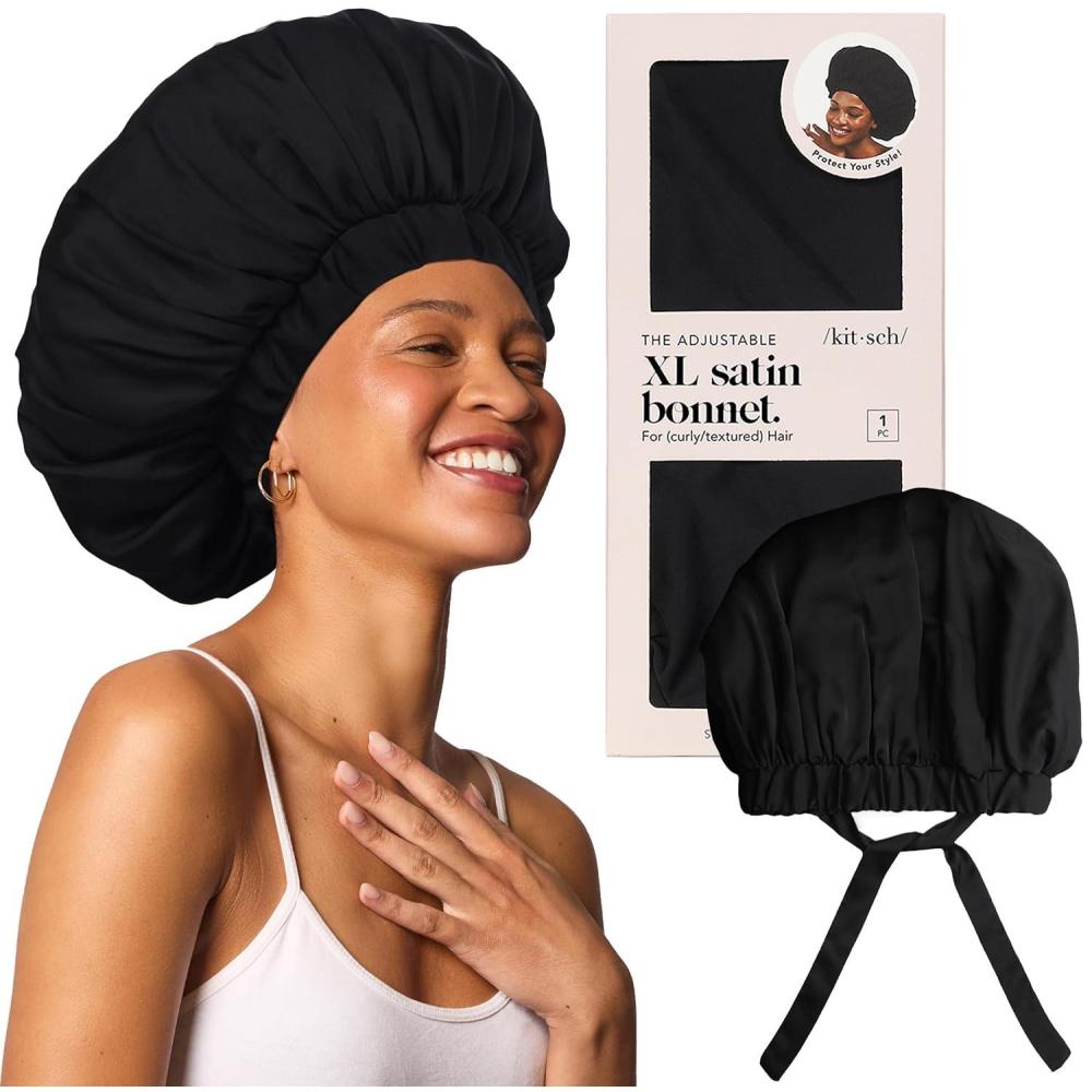 imageKitsch x Bridgerton Satin Bonnet for Sleeping Softer Than Silk Bonnet For Sleeping Women Secure Fit Adjustable Night Cap For Curly amp Textured Hair Prevents Breakage amp Tangles Garden ToileBlack