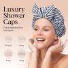 Bridgerton x Kitsch Satin-Lined Flexi Shower Caps for Women Reusable Waterproof – Large Wide Shower Cap for Women & Men, Adjustable, Stylish Hair Cap for Showers, For Long & Short Hair – Wisteria(Stripe)