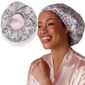Bridgerton x Kitsch Satin-Lined Flexi Shower Caps for Women Reusable Waterproof – Large Wide Shower Cap for Women & Men, Adjustable, Stylish Hair Cap for Showers, For Long & Short Hair – Wisteria(Wisteria)