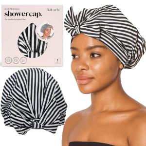Bridgerton x Kitsch Satin-Lined Flexi Shower Caps for Women Reusable Waterproof – Large Wide Shower Cap for Women & Men, Adjustable, Stylish Hair Cap for Showers, For Long & Short Hair – Wisteria(Stripe)