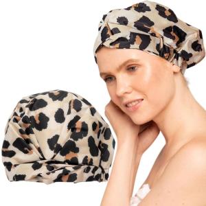 Bridgerton x Kitsch Satin-Lined Flexi Shower Caps for Women Reusable Waterproof – Large Wide Shower Cap for Women & Men, Adjustable, Stylish Hair Cap for Showers, For Long & Short Hair – Wisteria(Leopard)