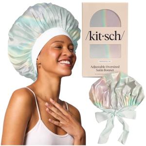 Kitsch x Bridgerton Satin Bonnet for Sleeping – Softer Than Silk Bonnet For Sleeping Women – Secure Fit, Adjustable, Night Cap For Curly & Textured Hair – Prevents Breakage & Tangles – Garden Toile(Aura)