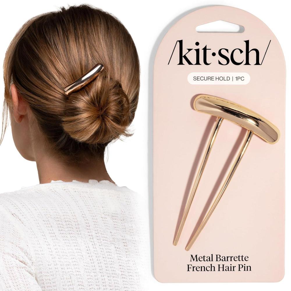 imageKitsch French Hair Pins for Women Elegant amp Durable Metal French Pin for Updos Chignon Buns amp Twist Hairstyles Secure Hold All Day Comfortable Fit Ideal Gifts for Women Clam Shell 1pcMetal Barrette Gold